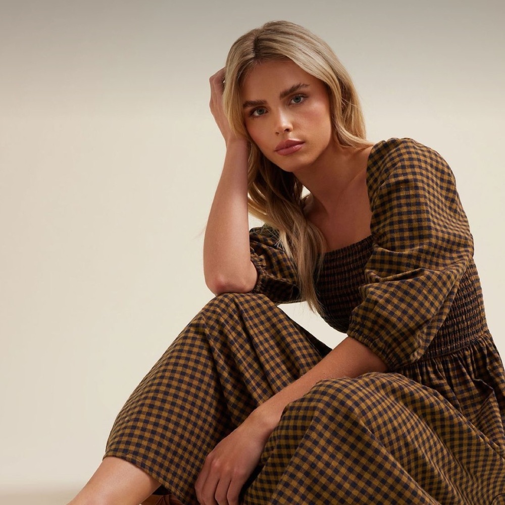 BOHO STYLISH AUDREY OCHRE GINGHAM DRESS W/ PUFF SLEEVES DOEN/POSSE/CHLOE VIBES‎